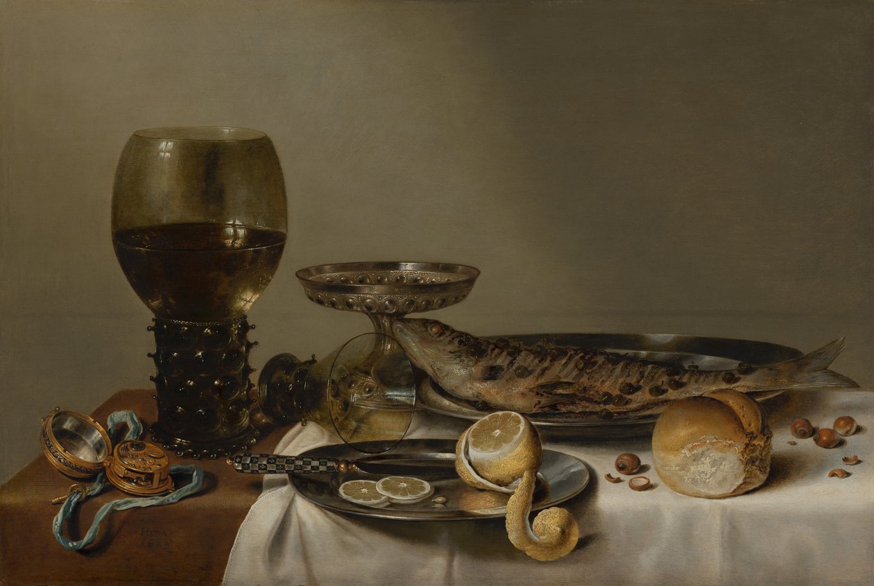 Stilleben med rånare och klocka av Willem Claesz. Heda