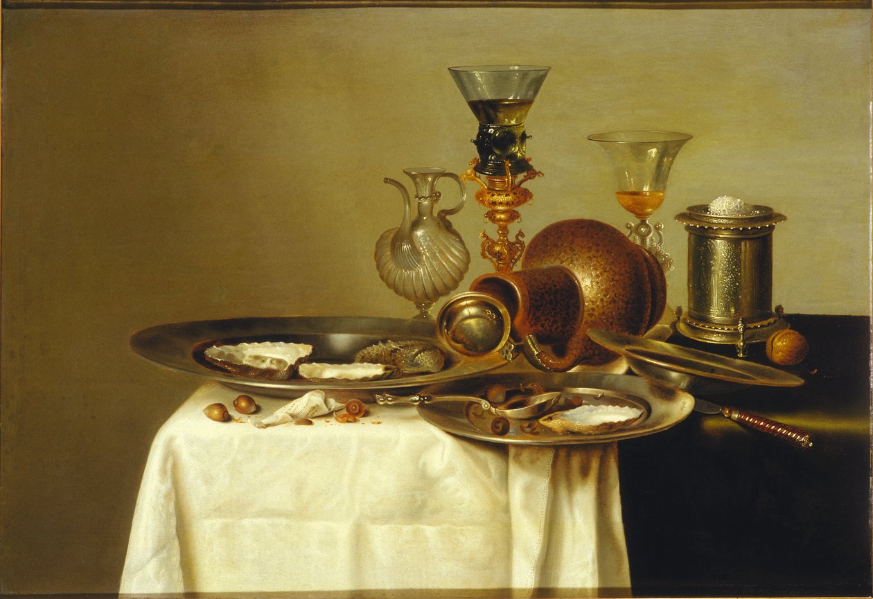 Stilleben med en römer på ett förgyllt stativ, stengods och ostron, 1637. av Willem Claesz. Heda