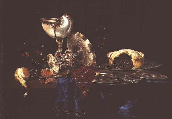 Stilleben med köttfärspaj och nautiluskopp av Willem Claesz. Heda