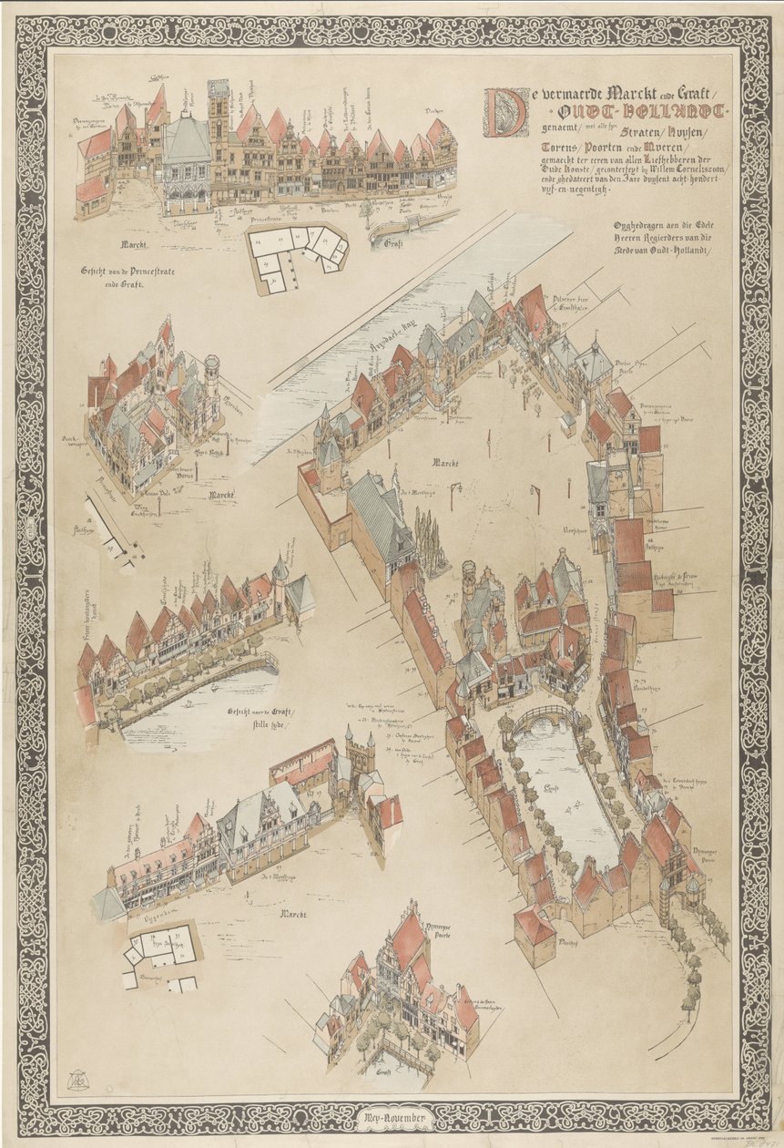 Karta över Gamla Holland, 1895 De vermaerde Marckt ende Graft / Oudt-Hollandt namngiven / med alla syn Straten / Huysen (...) gjort till ära för alla älskare av den gamla konsten (...). (titel på objekt) av Willem Corneliszoon