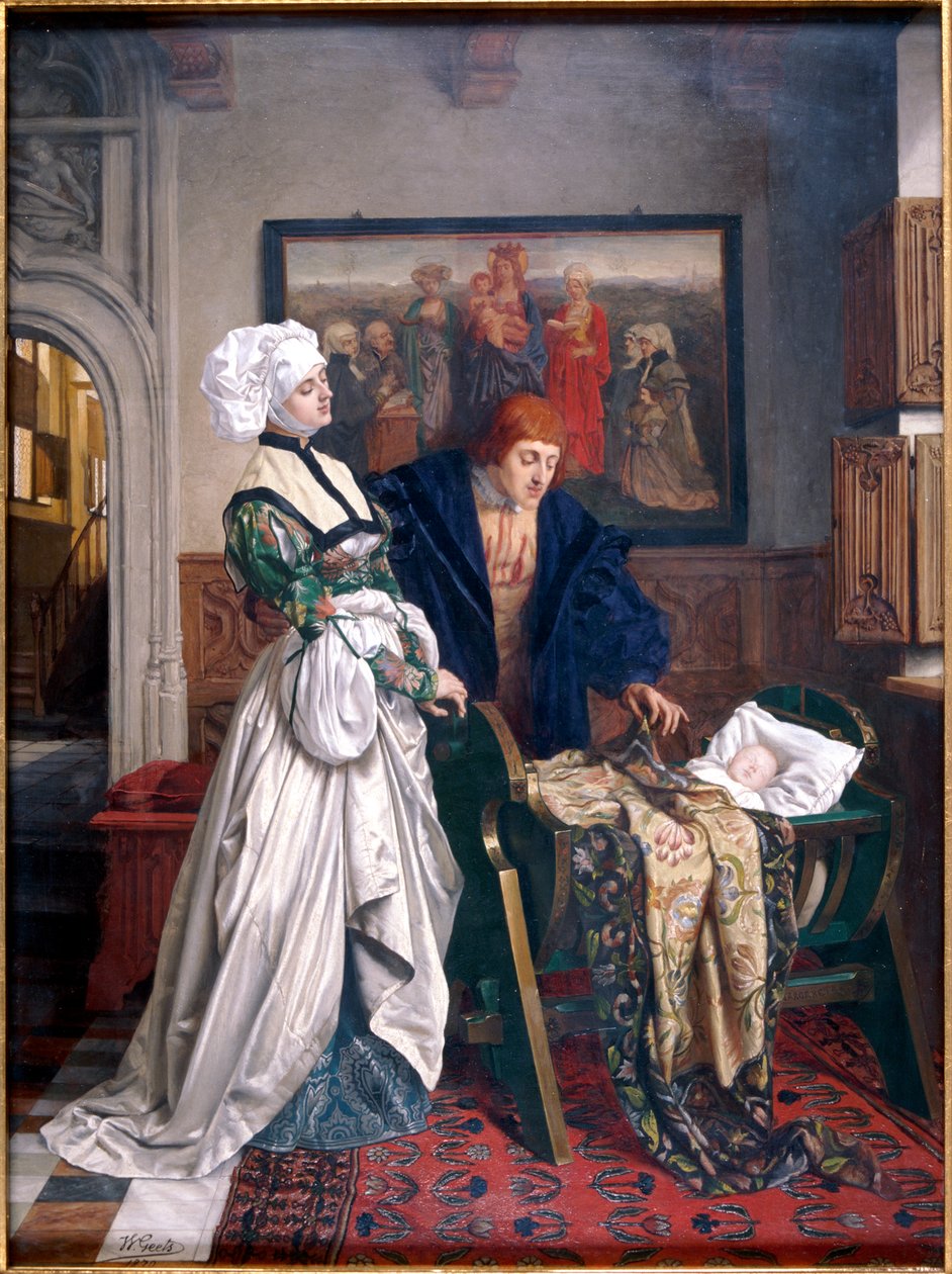 "Charles V och Jean Vandergheynst vid deras dotter Marguerites vagga", 1870. av Willem Geets