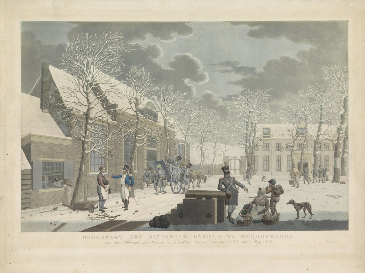 Övergardet vid riksgardet i Muiderberg, 1813-1814 Huvudvakten för nationalträdgården i Muijderberch framför Blockade der Vesting Naarden, från november 1813 till maj 1814 (titel på objektet) av Willem Hendrik Hoogkamer (attributed to)