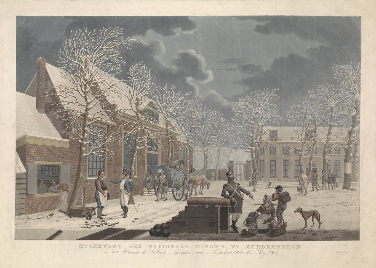 Snölandskap med soldater som pratar med civila under belägringen av Naarden Huvudvakten för nationalträdgården i Muijderbergh framför blockaden av fästningen Naarden, från november 1813 till maj 1814 (titel på objektet) av Willem Hendrik Hoogkamer (attributed to)