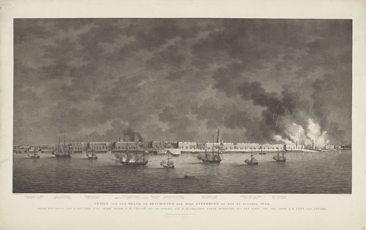 Utsikt över märket och skjutningen av staden Antwerpen den 27 oktober 1830, under befäl av Z. Exc.e Luit.t Gener.l Baron D.H. chassi; med ställning som Z.M.-skvadron under befäl av sjökaptenen Jonkh.r J.E. Lewe van Aduard (titel på obj av Willem Hendrik Hoogkamer