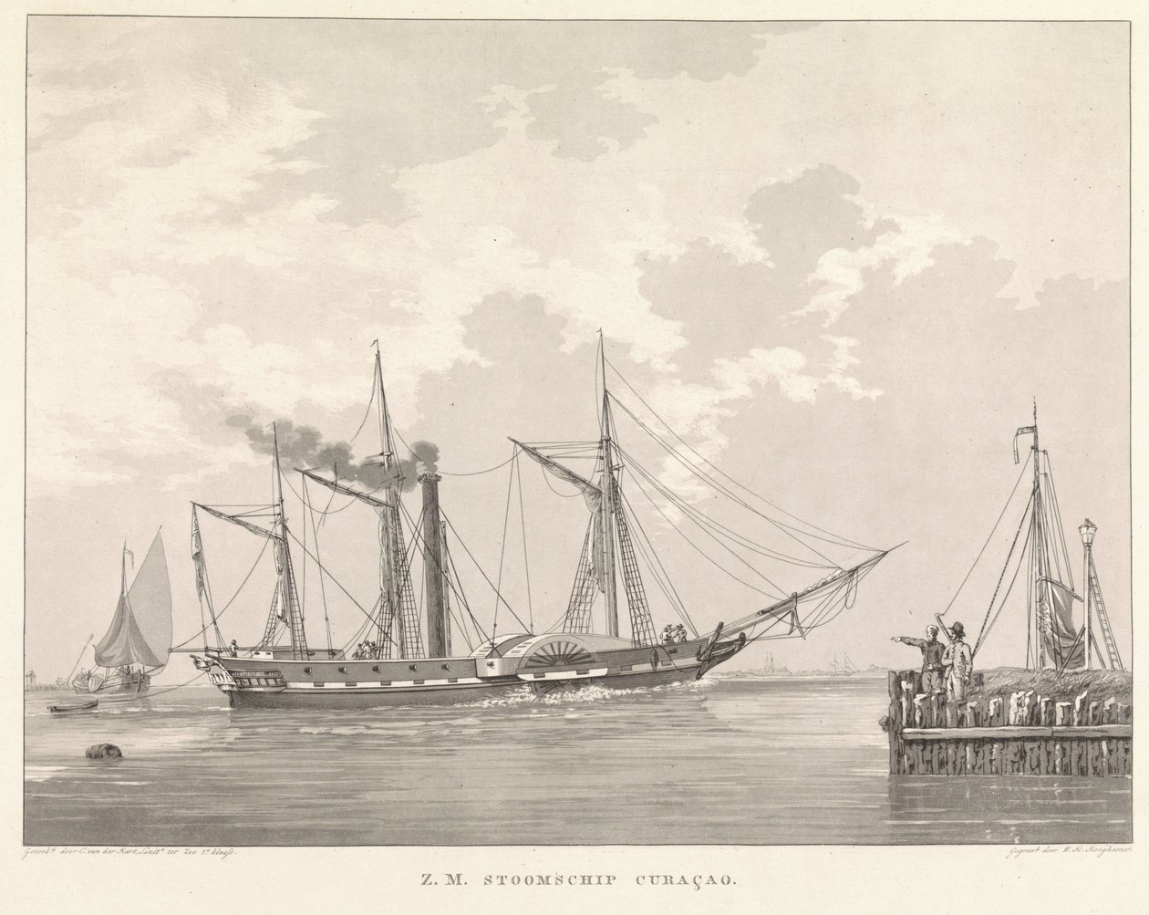 Paddelångare vid en kaj Z.M. Steamship Curaçao (titel på objekt) av Willem Hendrik Hoogkamer