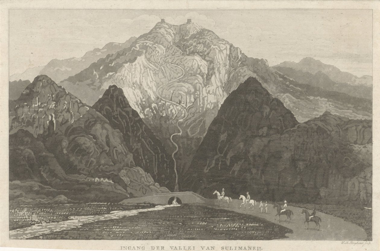 Resenärer i ett bergslandskap Ingången till Sulimaneij-dalen (titel på objektet) av Willem Hendrik Hoogkamer