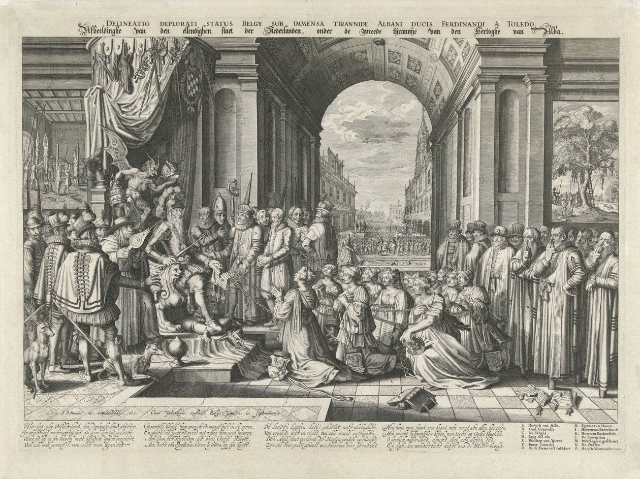 Tyranni av Alba, ca 1569 Delineatio deplorati status Belgien sub immensa tyrannide Albani ducis, Ferdinandi a Toledo (titel på objekt) Bild av den eländiga staten Nederländerna, under Hertoghe of Albas grymma tyranni (titel på av Willem Jacobsz Delff (attributed to)