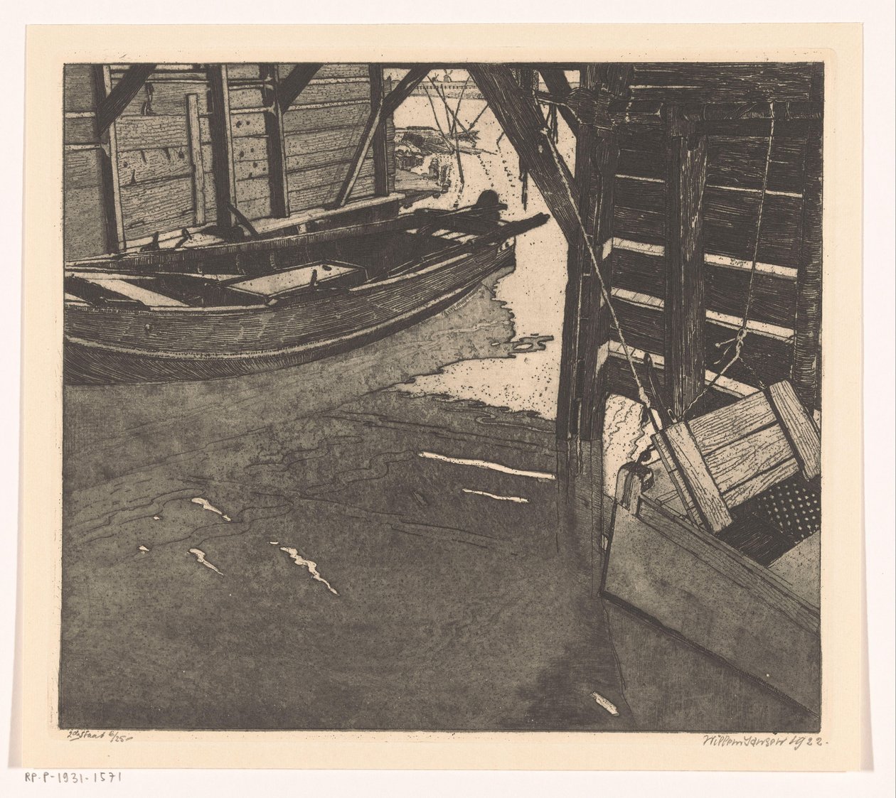 Interiör i ett pråmhus med fiskekort och en pråm med inbyggt fiskekort av Willem Jansen (graveur) (signed by artist)