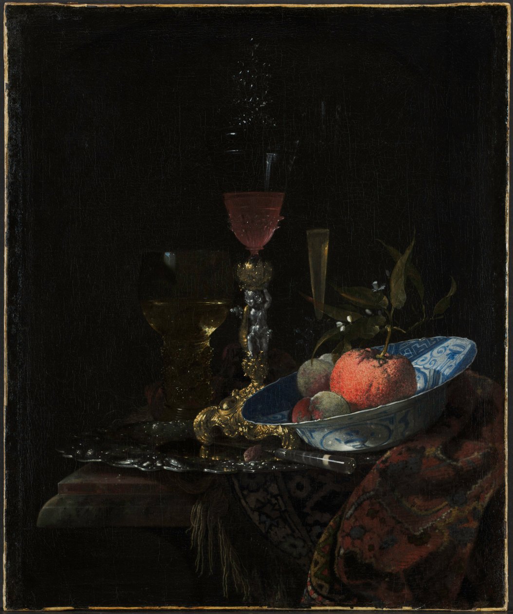 Vinglas och en skål med frukt, 1663. av Willem Kalf