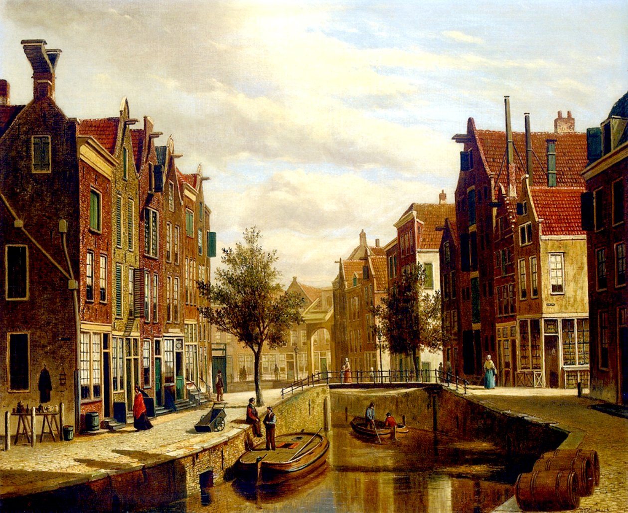 En holländsk kanal (olja på duk) av Willem Koekkoek