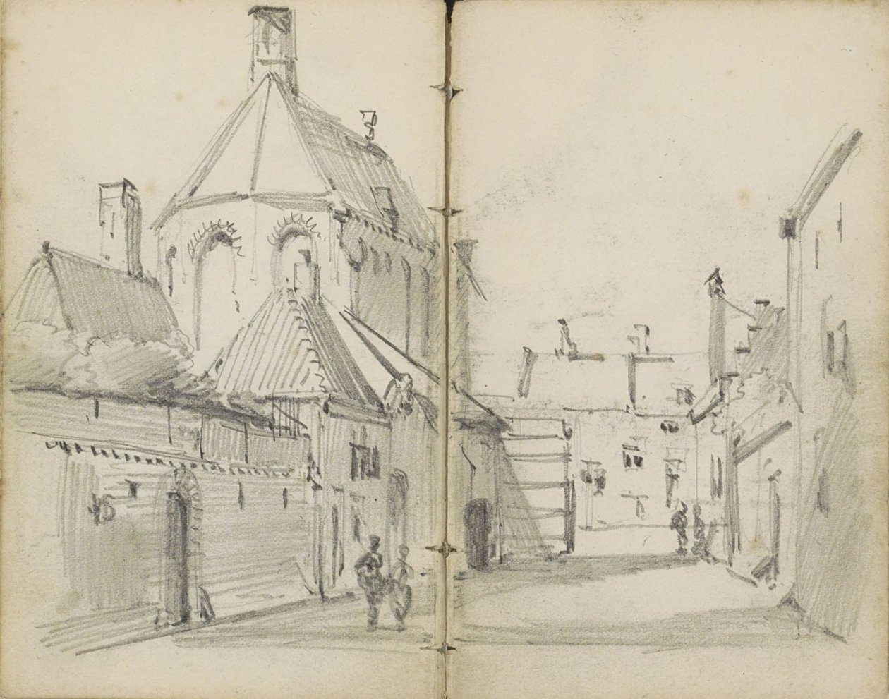 Bygata med en kyrka och figurer av Willem Koekkoek