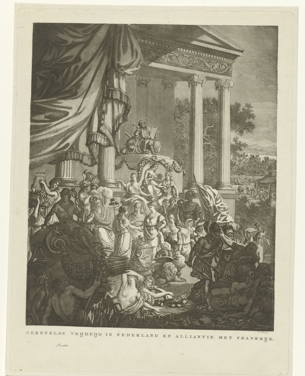 Allegorisk representation av alliansen mellan Nederländerna och Frankrike, 1795 Återställd frihet i Nederländerna och allians med Frankrike (titel på objekt) av Willem Kok