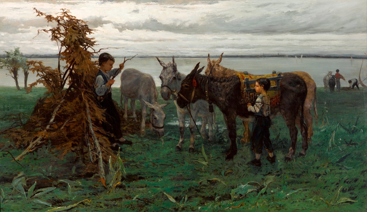 ""Garcons gardant des anes"" (Pojkar som vallar åsnor) Peinture de Willem Maris (1844-1910) - 1865 - Olja på duk Dim 90,3x138 cm Gemeentemuseum Haag av Willem Maris