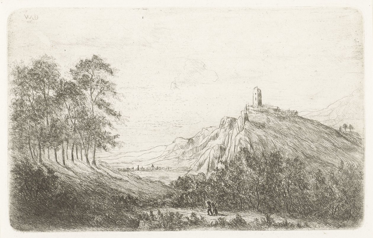 Berglandskap med slott på bergstoppen av Willem Matthias Jan van Dielen