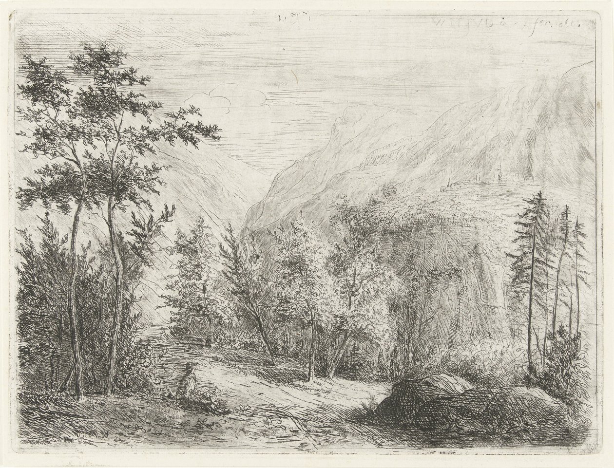 Bergslandskap med en vilande figur längs vägen av Willem Matthias Jan van Dielen