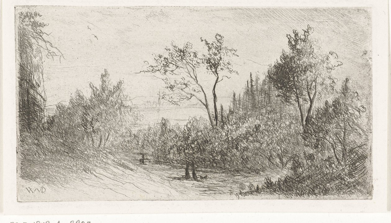 Kuperat landskap med vandrare och hund i kanten av skogen av Willem Matthias Jan van Dielen