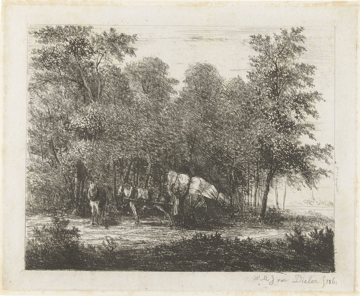 Landskap med en man med fullastad vagn och en spänd häst av Willem Matthias Jan van Dielen