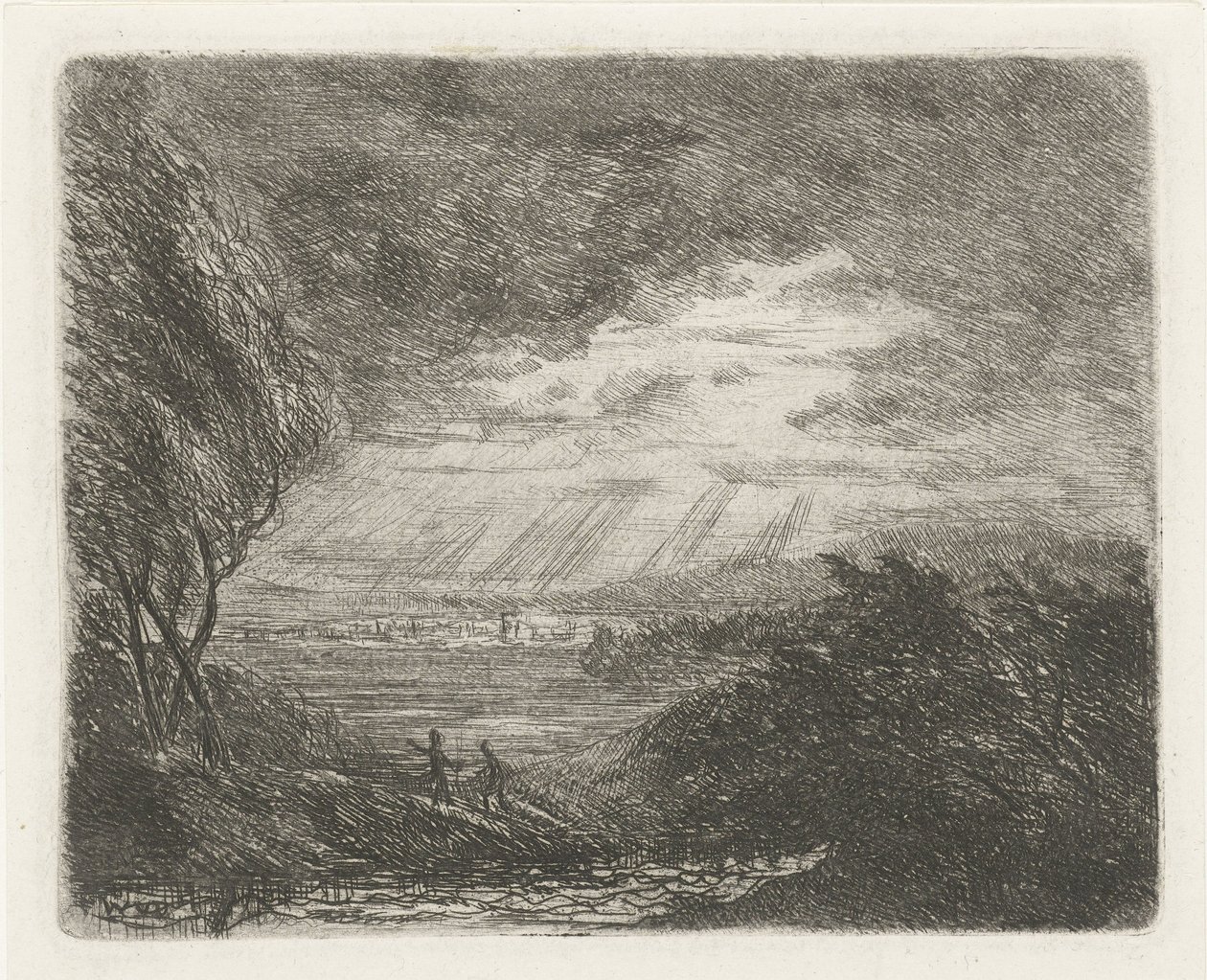 Landskap med två figurer i storm och regn av Willem Matthias Jan van Dielen