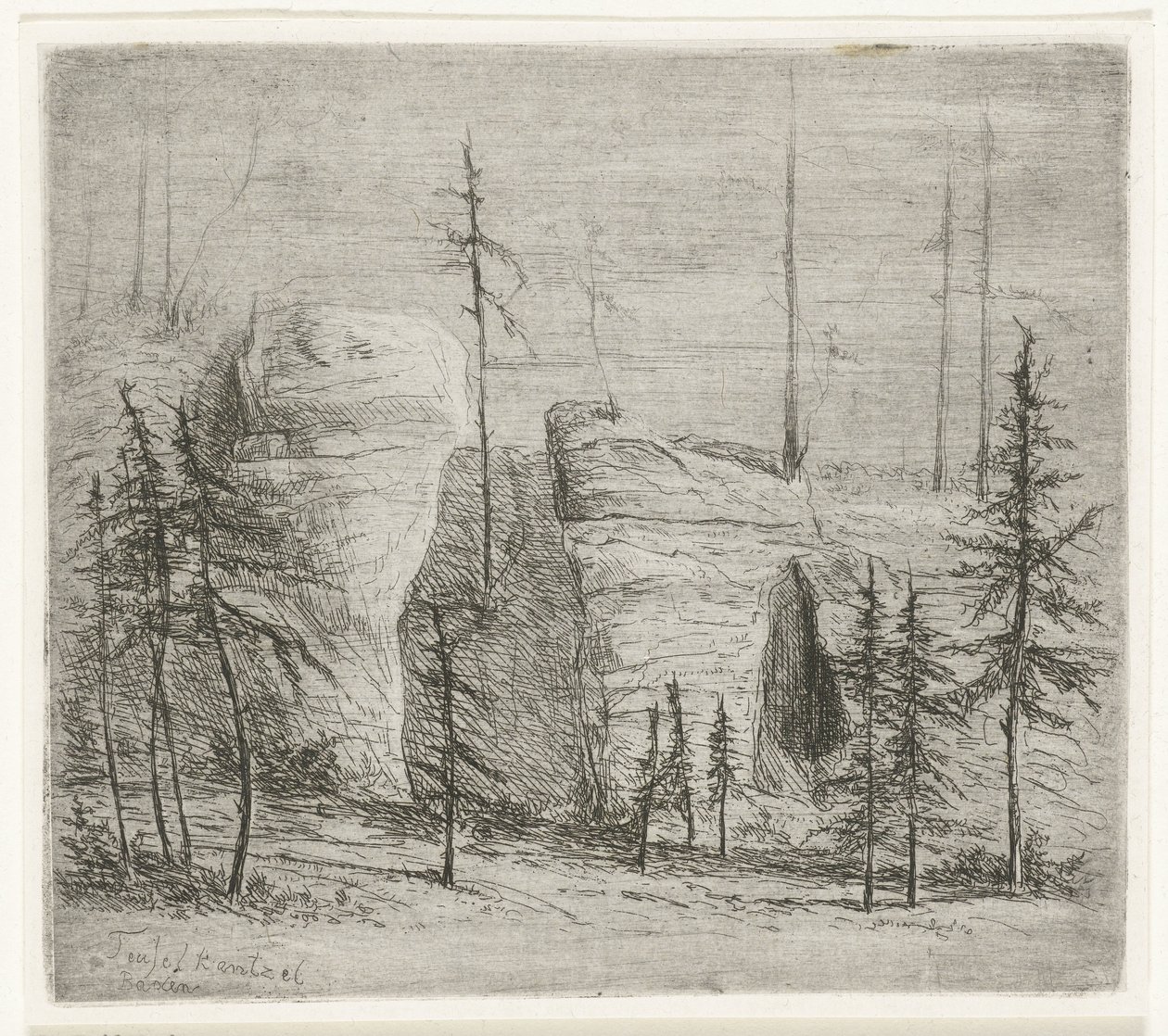Stenigt landskap med barrträd, den så kallade Teufelkanzel Teufelkantzel Baxen (titel på objekt) av Willem Matthias Jan van Dielen