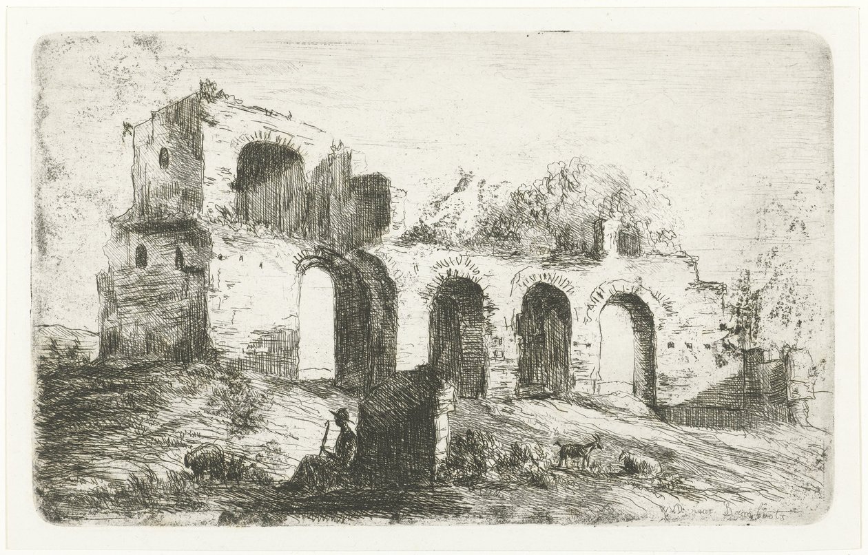 Södra landskapet med ruin och herde med boskap av Willem Matthias Jan van Dielen