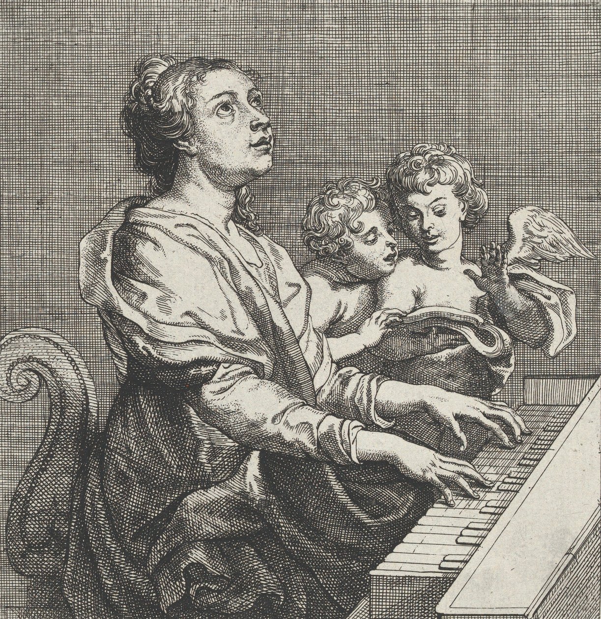 Sankta Cecilia spelar orgel med två putti till höger, ca. 1631. av Willem Panneels