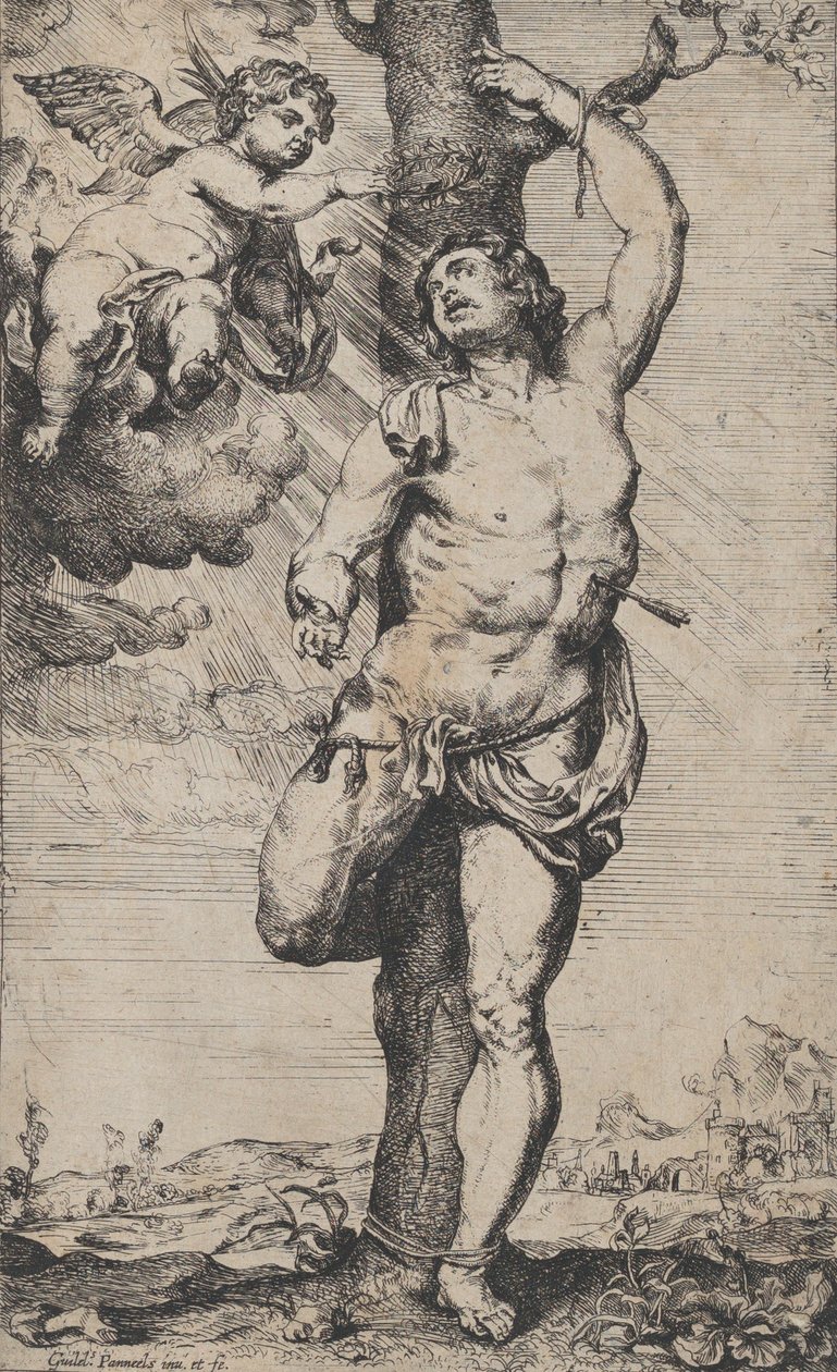 Sankt Sebastians martyrskap, med änglar som kröner honom uppe till vänster, ca. 1620-32.. av Willem Panneels