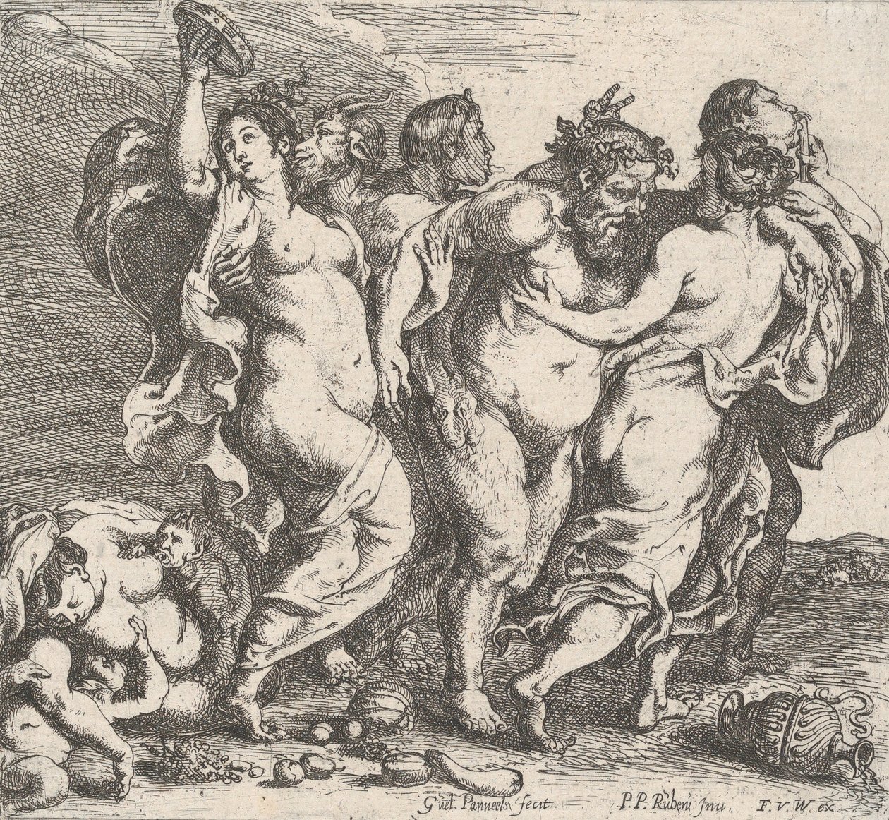 Den berusade Silenus, ackompanjerad av nymfer och satyrer, 1632. av Willem Panneels