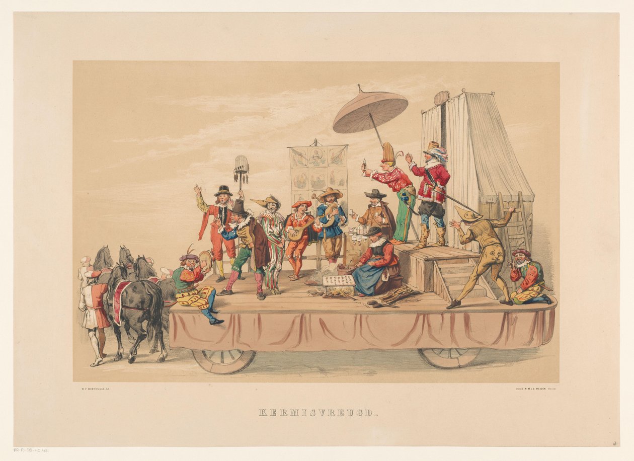 Sjätte gruppen av maskeraden i Utrecht 1856 God Jul (titel på objekt) Vårt hemland omkring mitten av 1600-talet, föreslagit av H.H. studenter, medlemmar i Mutua Fides, för att fira 220-årsjubileet av Utrechtsche Hoogeschool, den 25:e. av Willem Pieter Hoevenaar