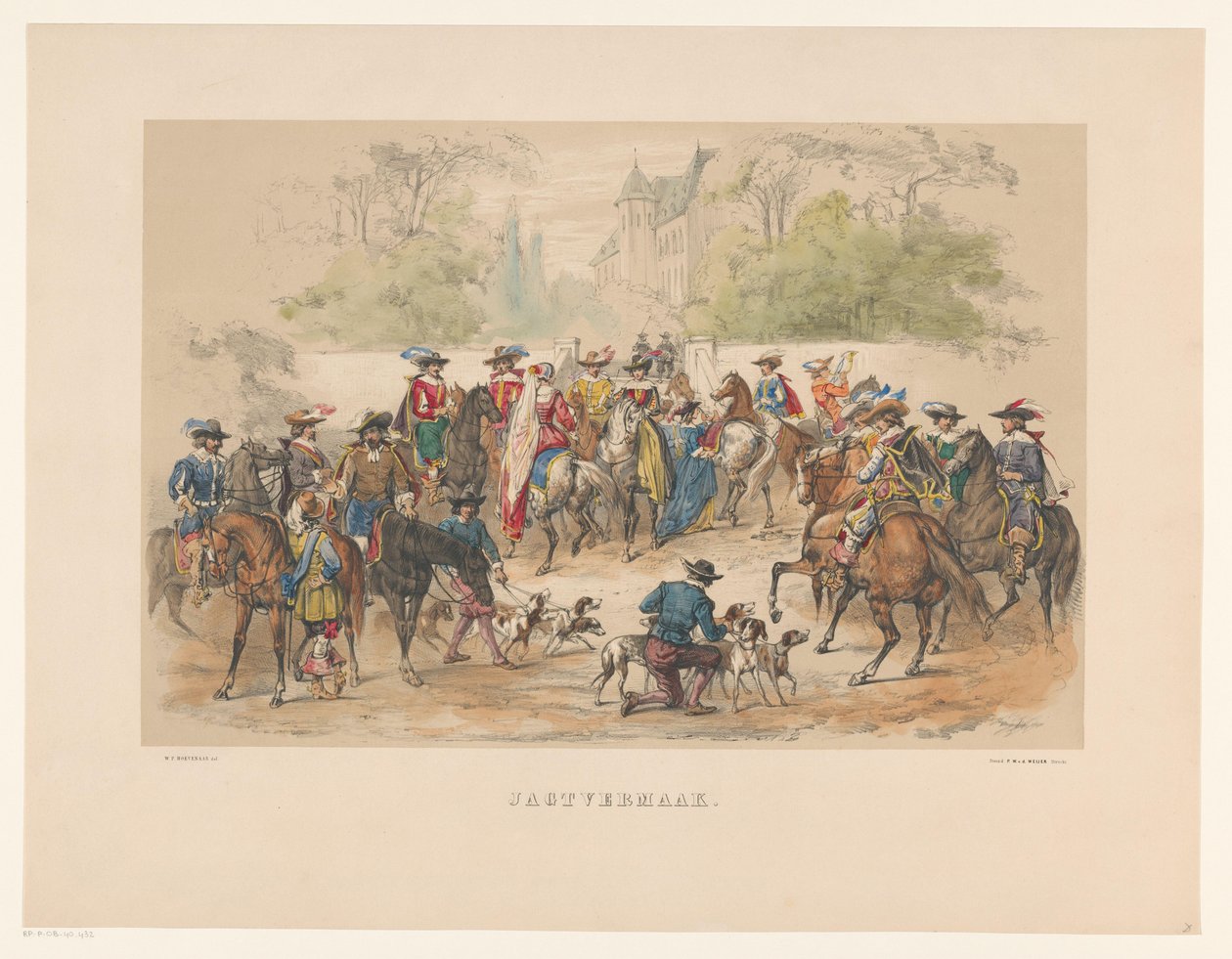 Sjunde gruppen av maskeraden i Utrecht 1856 Jaktunderhållning (titel på objekt) Vårt hemland omkring mitten av 1600-talet, föreslagit av H.H. studenter, medlemmar i Mutua Fides, för att fira 220-årsjubileet av Utrechtsche Hoogeschool, den 25:e. av Willem Pieter Hoevenaar