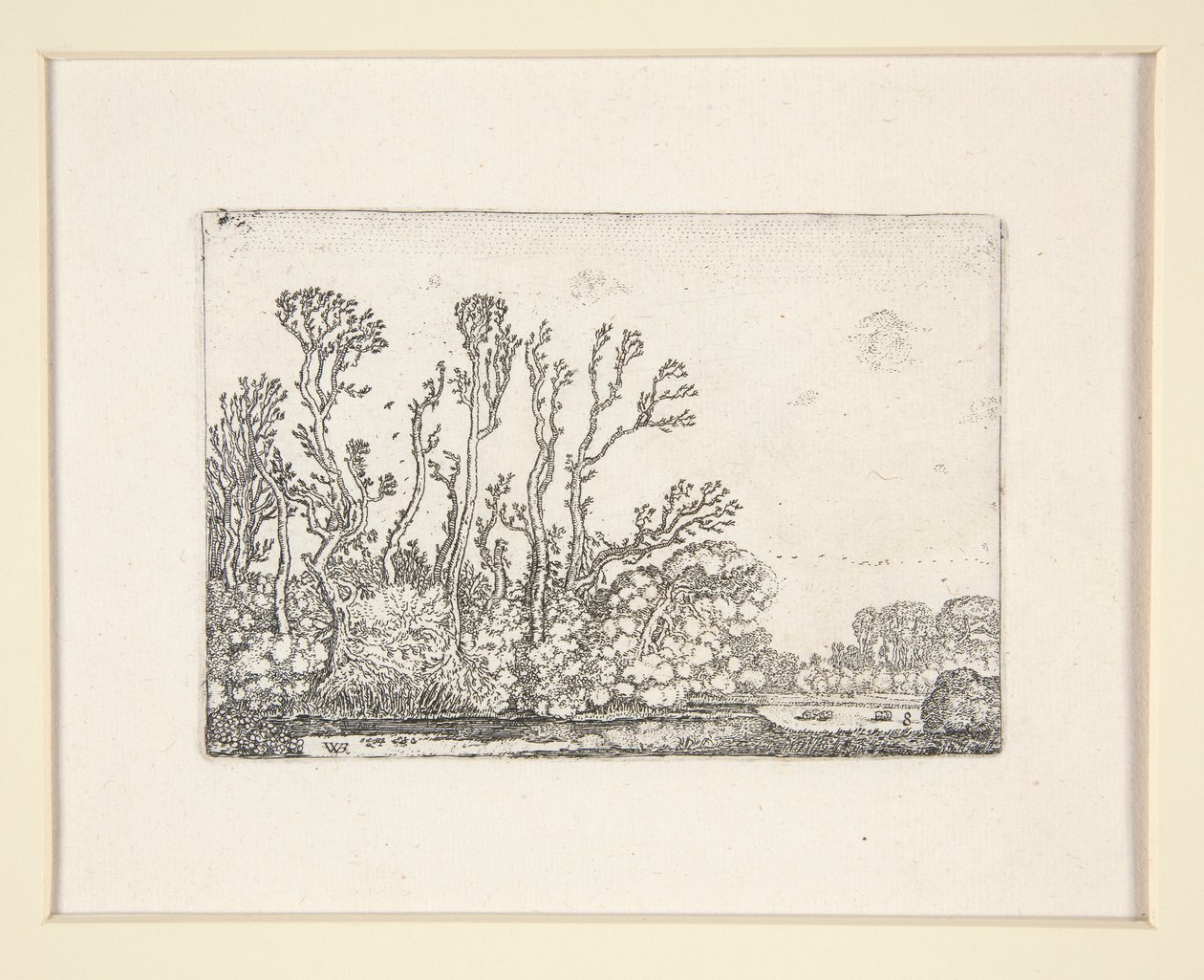 Flock av får nära vattnet, tavla 8 från The Set of the Landscapes av Willem Pietersz. Buytewech