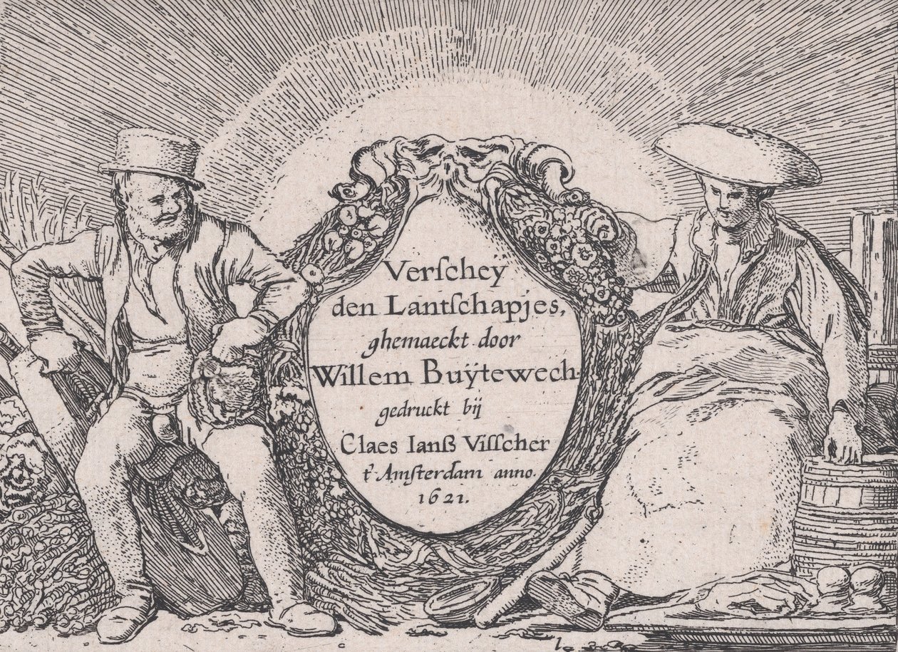 Titelsida, från Verscheyden Landtschapjes Olika små landskap, tavla 1, ca. 1616, av Willem Pietersz. Buytewech