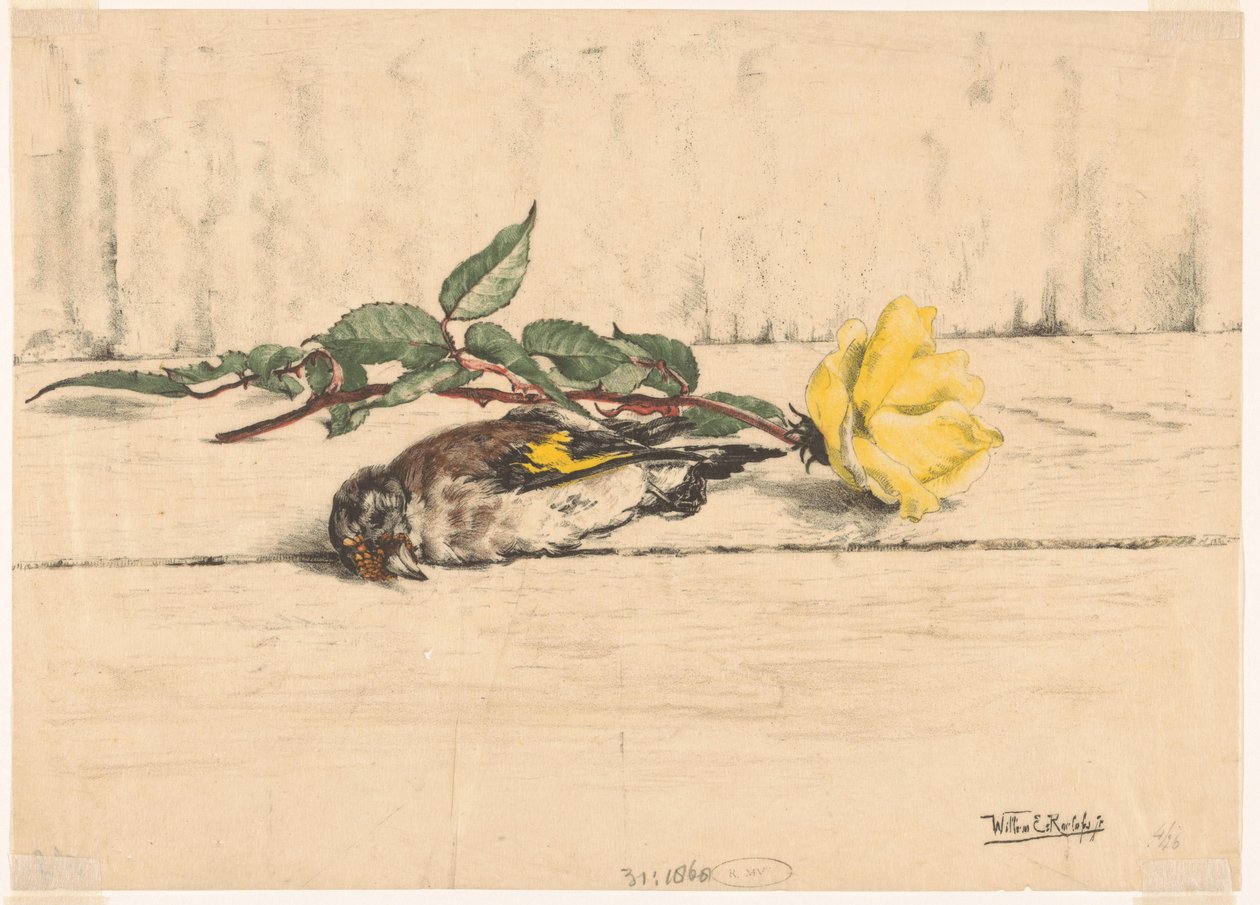 Död guldfink som ligger bredvid en ros av Willem Roelofs (II) (signed by artist)