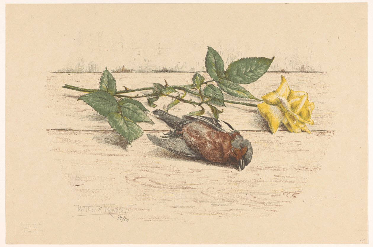 Död fink som ligger bredvid en ros av Willem Roelofs (II) (signed by artist)