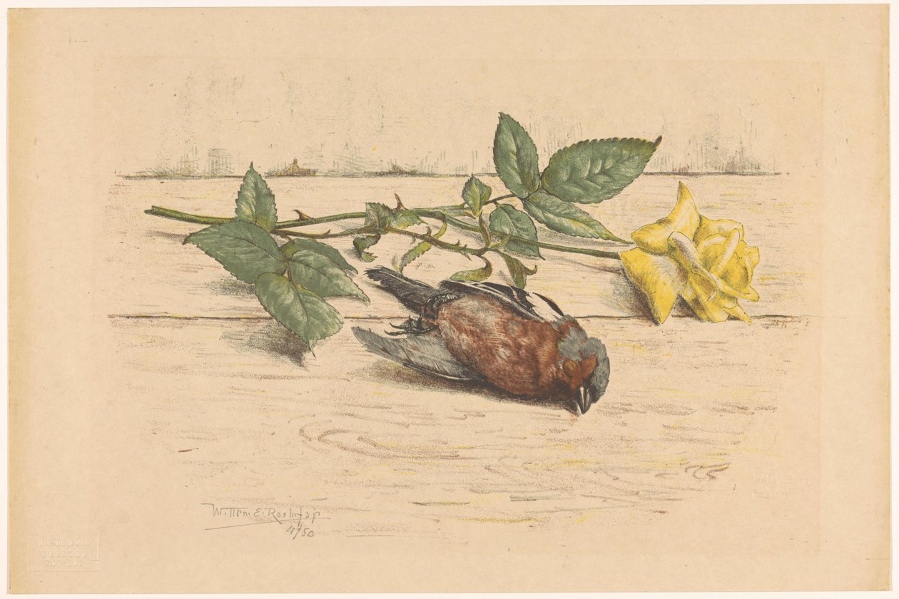 Död fink som ligger bredvid en ros av Willem Roelofs (II) (signed by artist)