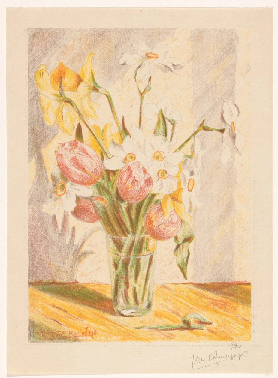 Tulpaner och påskliljor i en vas av Willem Roelofs (II) (signed by artist)