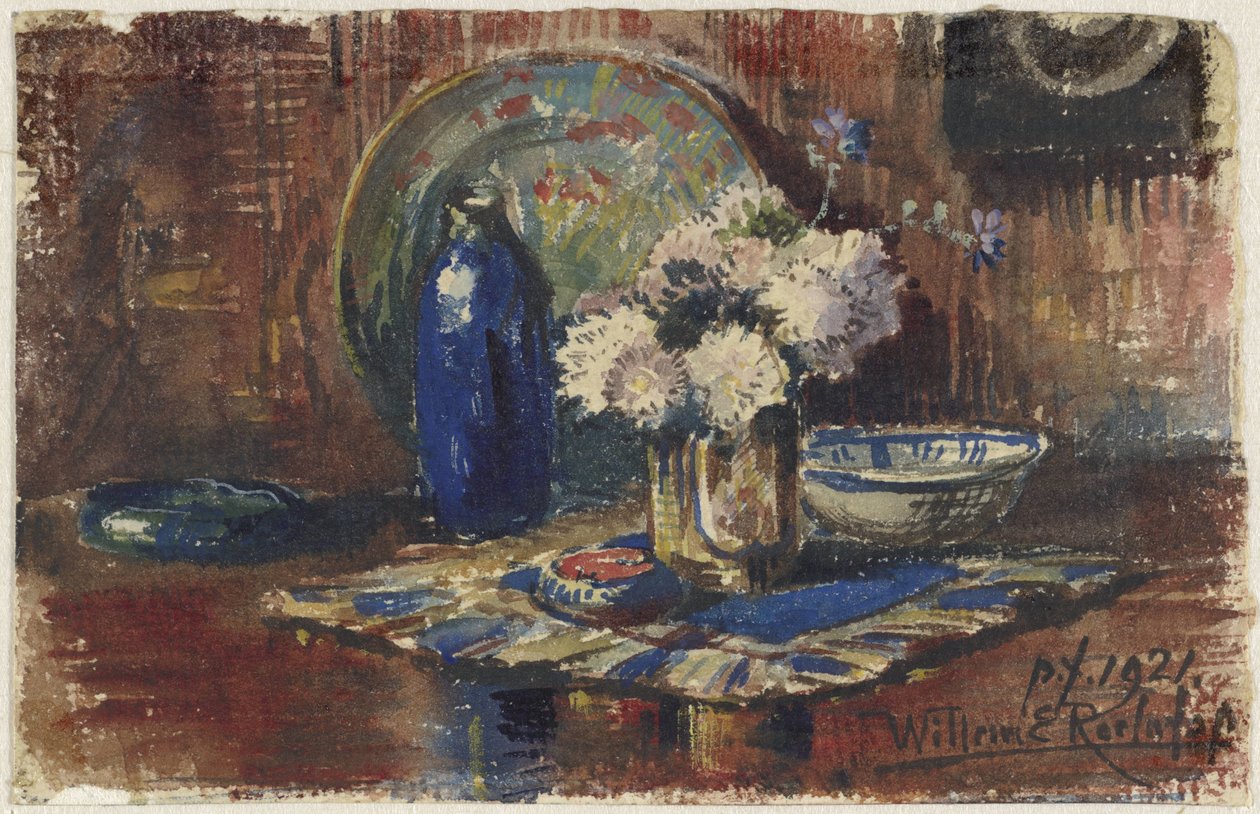 Stilleben med blå flaska och vas med blommor av Willem Roelofs (II)