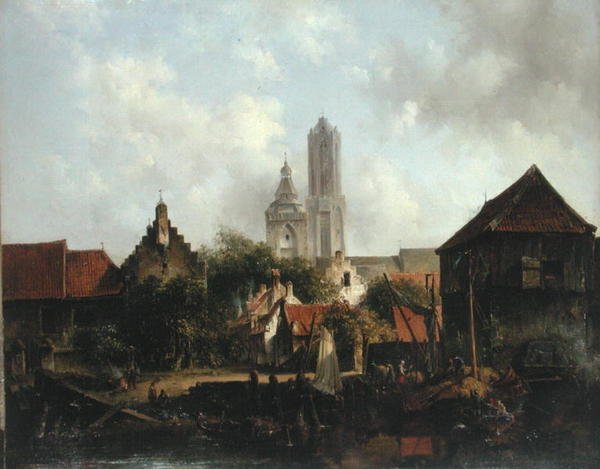 Kanalscen med Utrecht (olja på duk) av Willem Roelofs