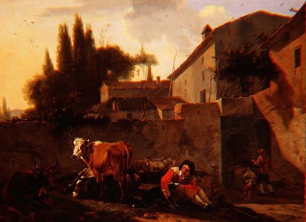 En herde och boskap på gården till en italiensk gård av Willem Romeyn