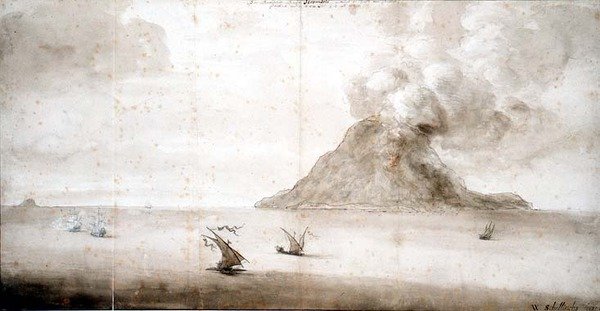 PD.703-1963 View of Stromboli, c.1661-5 (krita, penna och bläck, tvätt) av Willem Schellinks