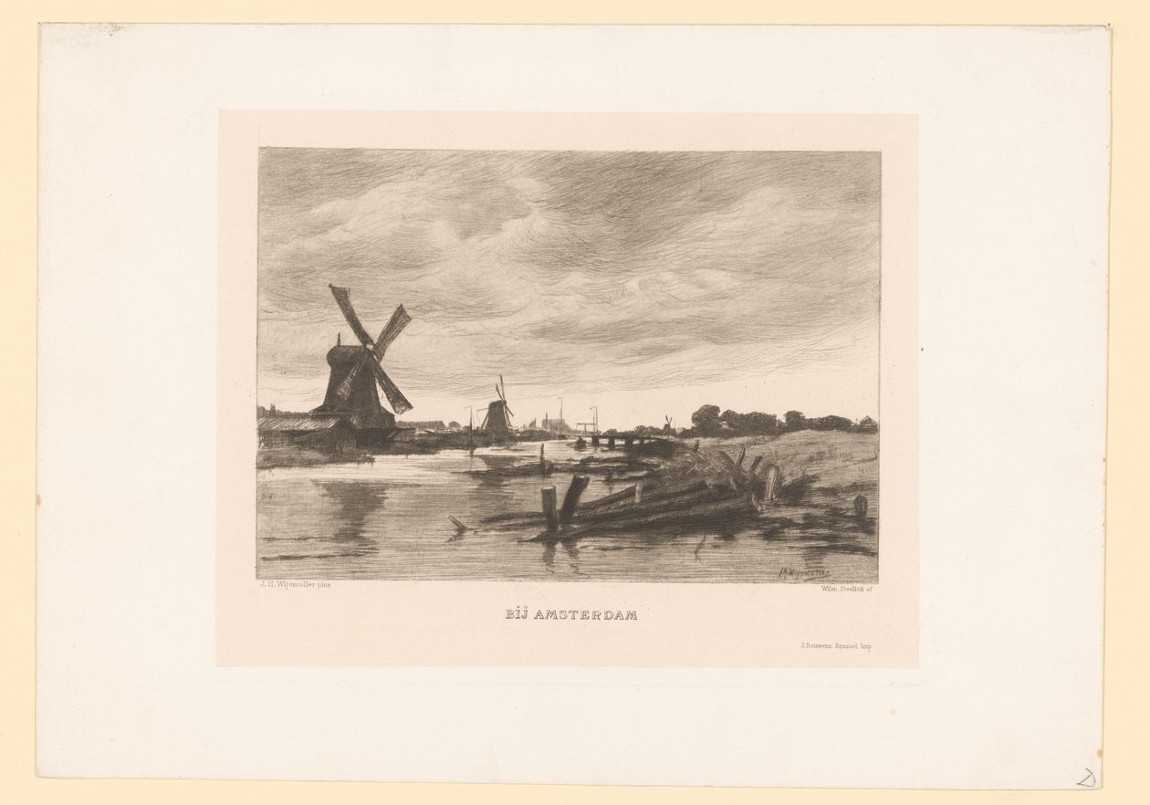 Landskap med väderkvarnar längs en kanal Nära Amsterdam (titel på objekt) av Willem Steelink (II)