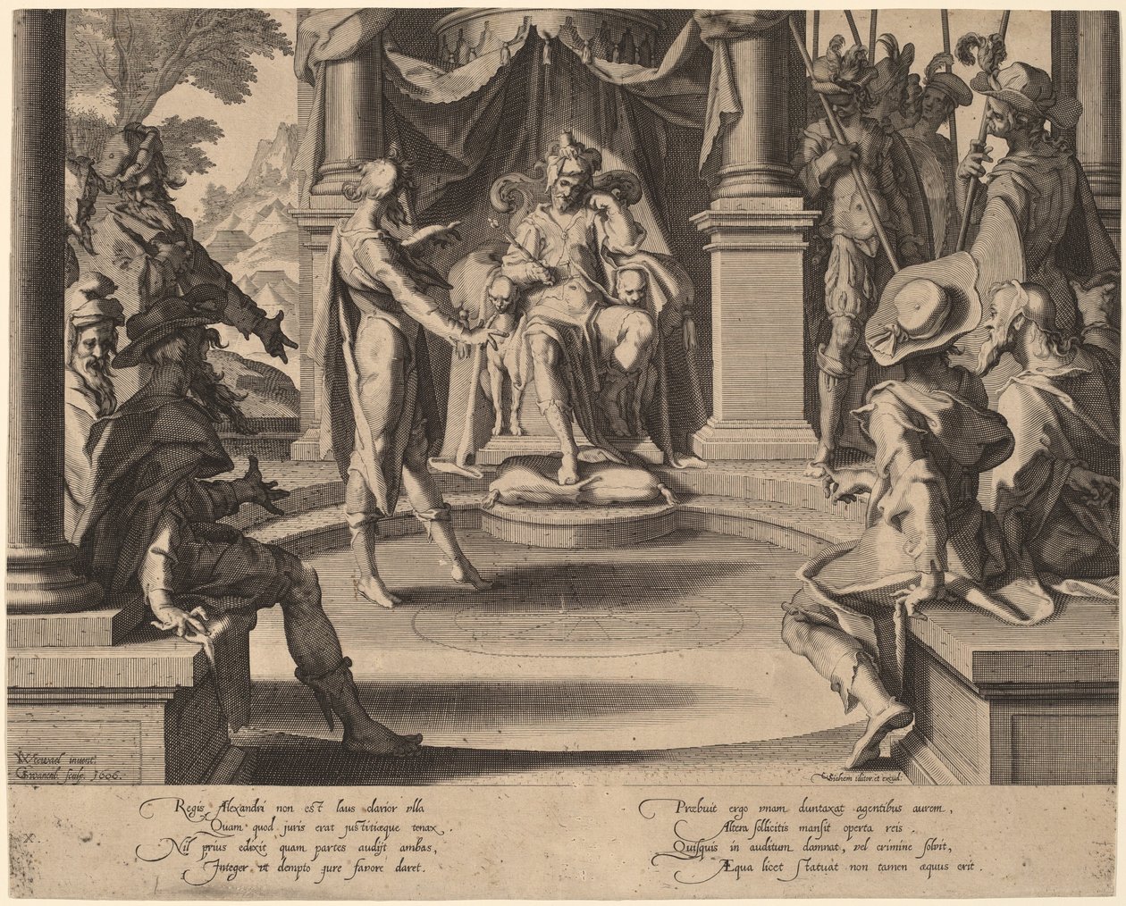 Alexander den store sitter i rättvisan av Willem Swanenburgh, after Joachim Anthonisz Wtewael