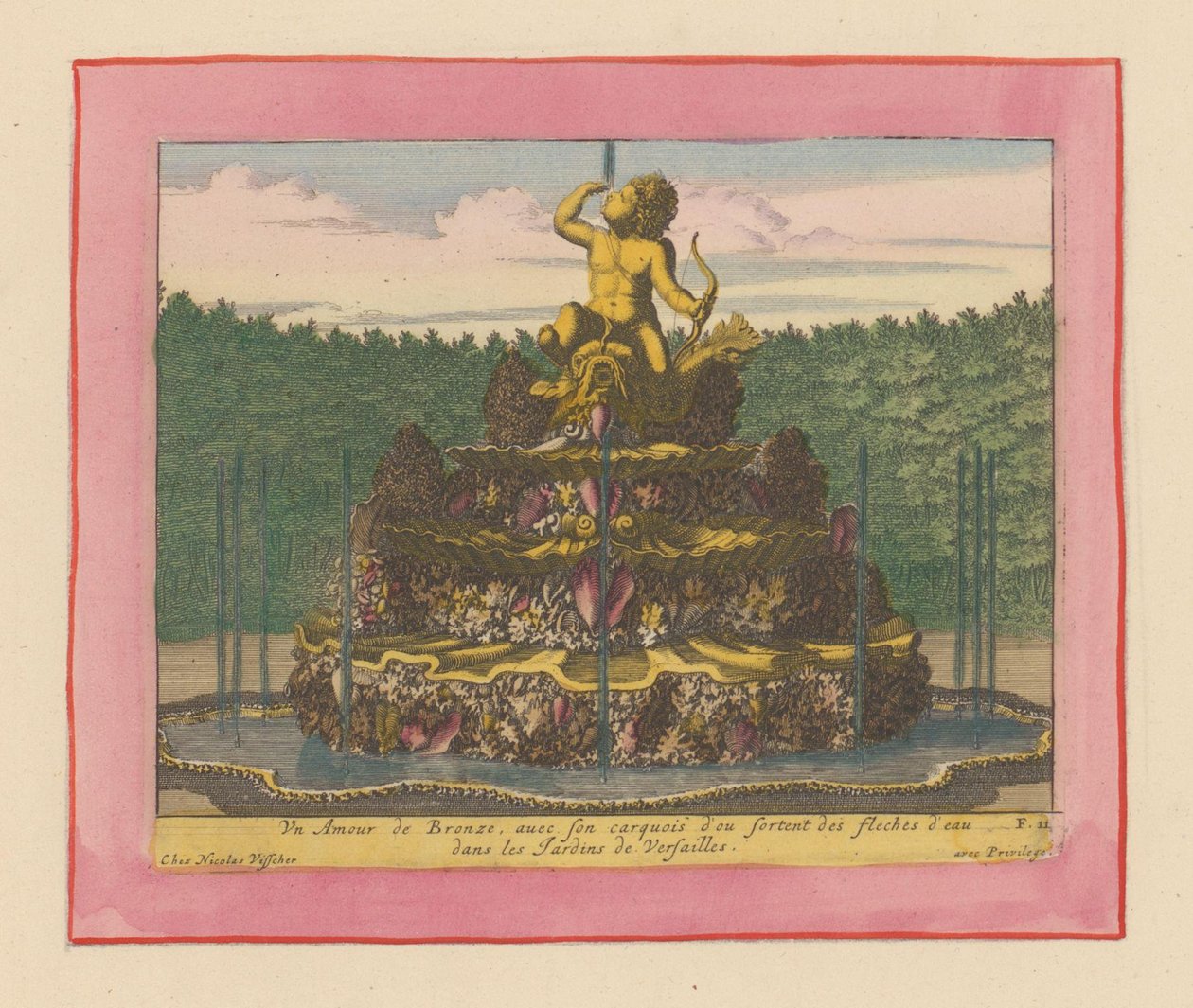 Brunnen mit einer Statue eines Putto mit Bogen in der Hand, sitzend auf einem Delfin av Willem Swidde