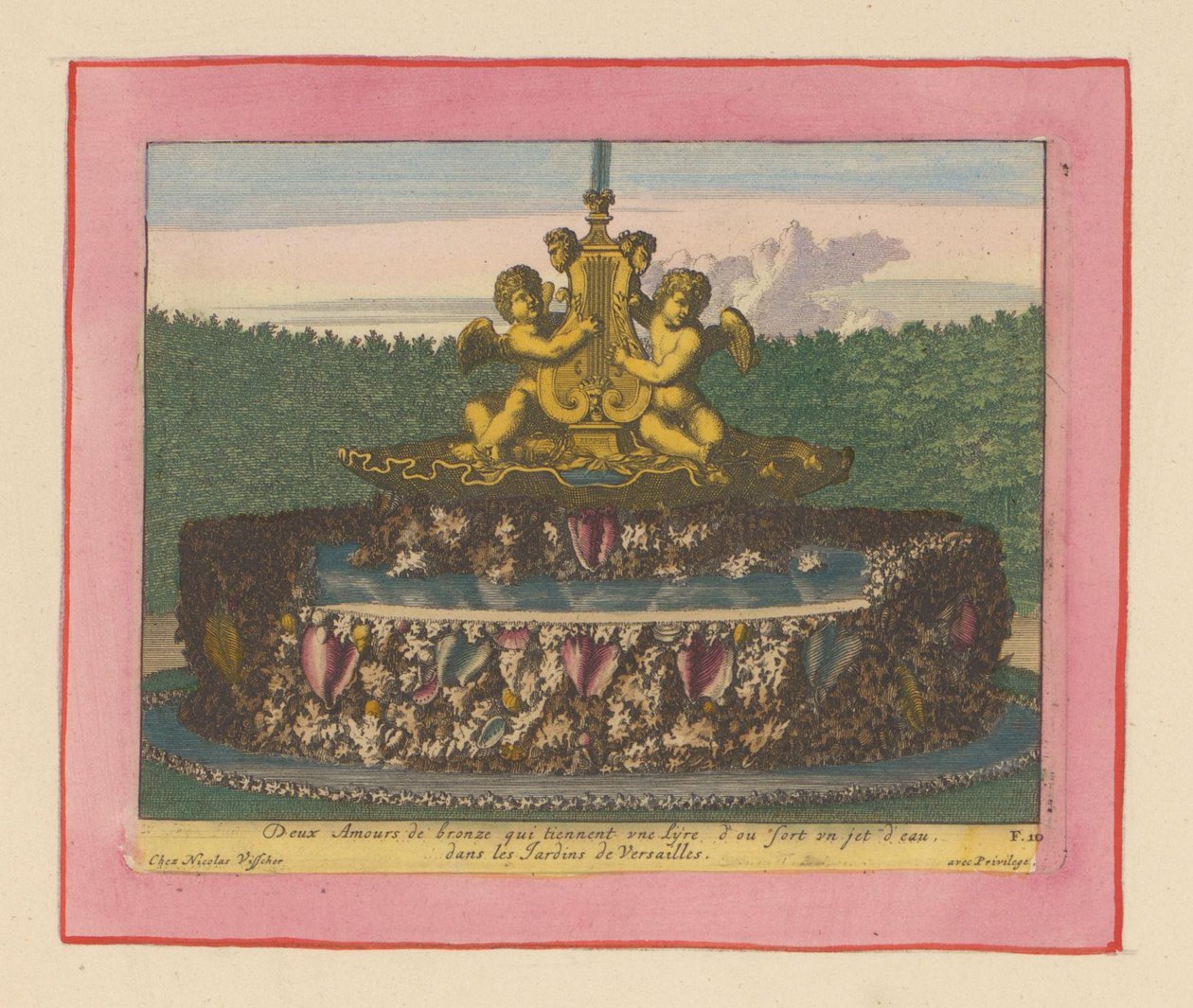 Brunnen mit einer Statue von zwei geflügelten Putti, die eine Leier tragen av Willem Swidde