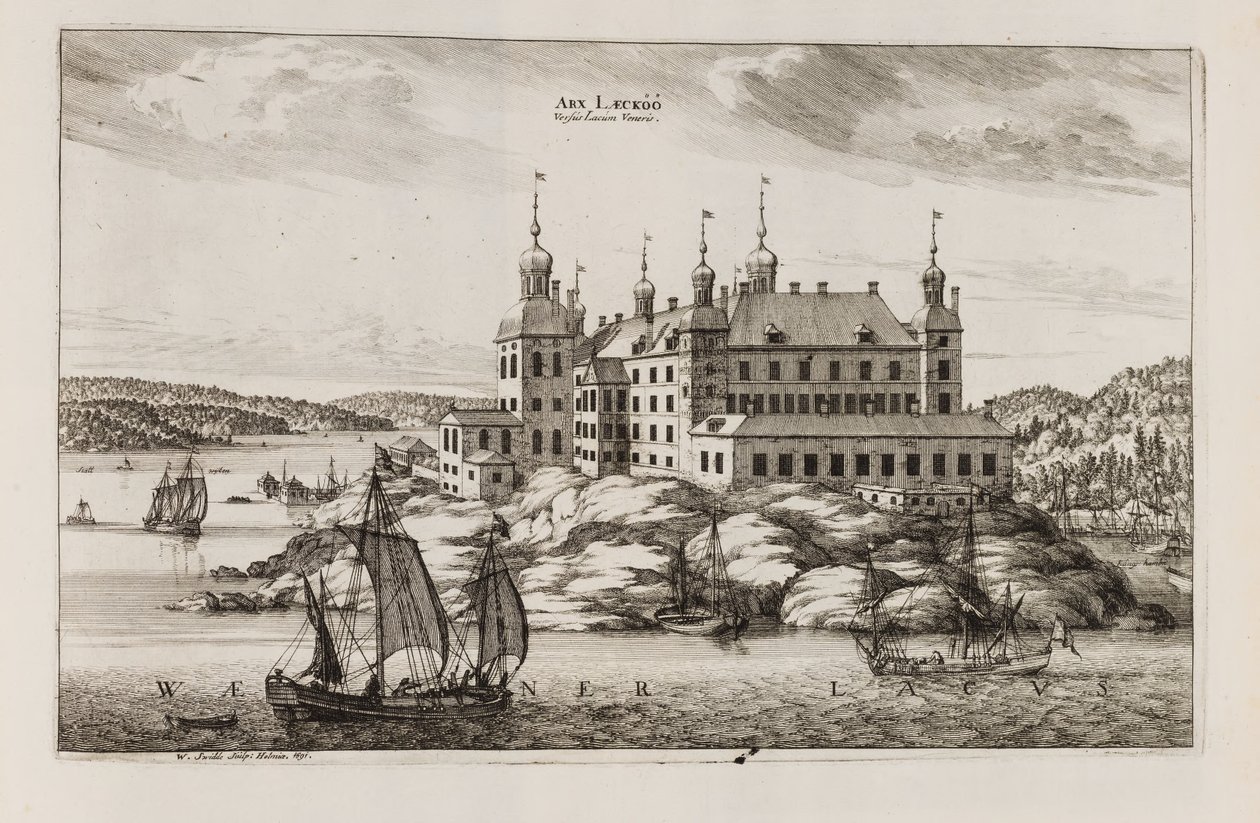 Läckö slott från Vänernsidan. Ur "Suecia antiqua et hodierna" av Willem Swidde