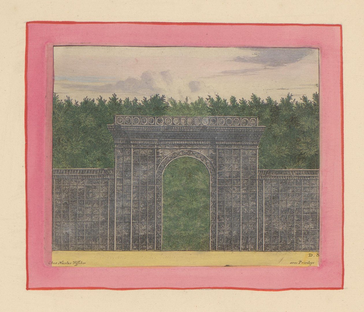Rechteckiger Pavillon aus Lattenwerk mit Tor für eine Hecke in den Gärten von Versailles av Willem Swidde