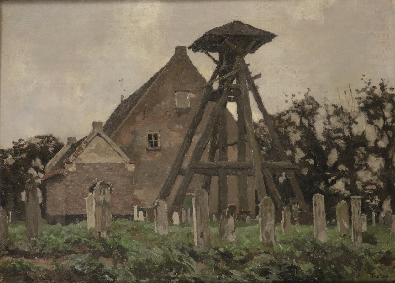 Kyrkan i Giethoorn med klockstapel (olja på duk upplagd på panel) av Willem Tholen