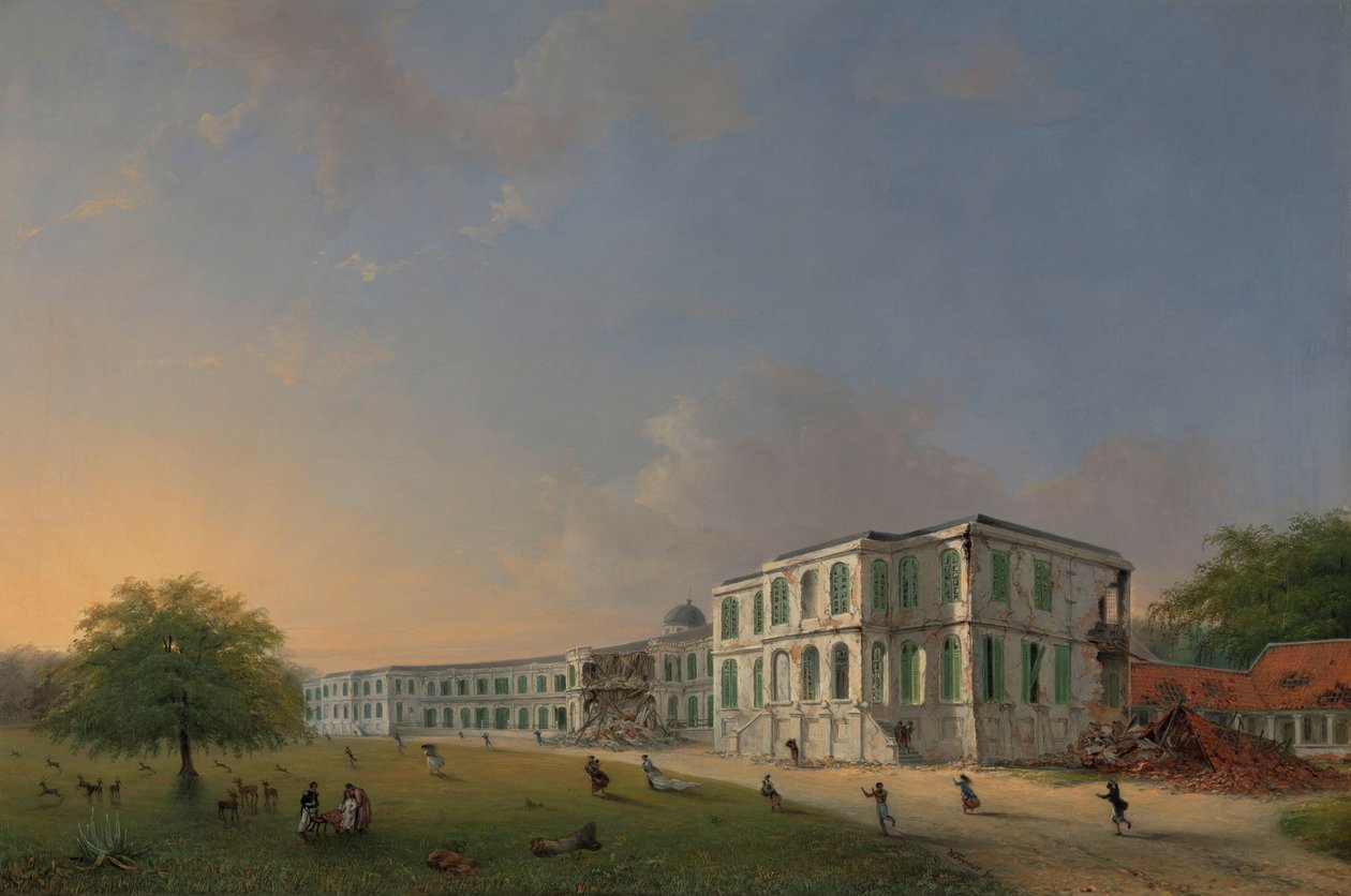 Framifrån av Buitenzorg-palatset under jordbävningen den 10 oktober 1834 Framifrån av Buitenzorg-palatset efter jordbävningen den 10 oktober 1834 av Willem Troost (II)