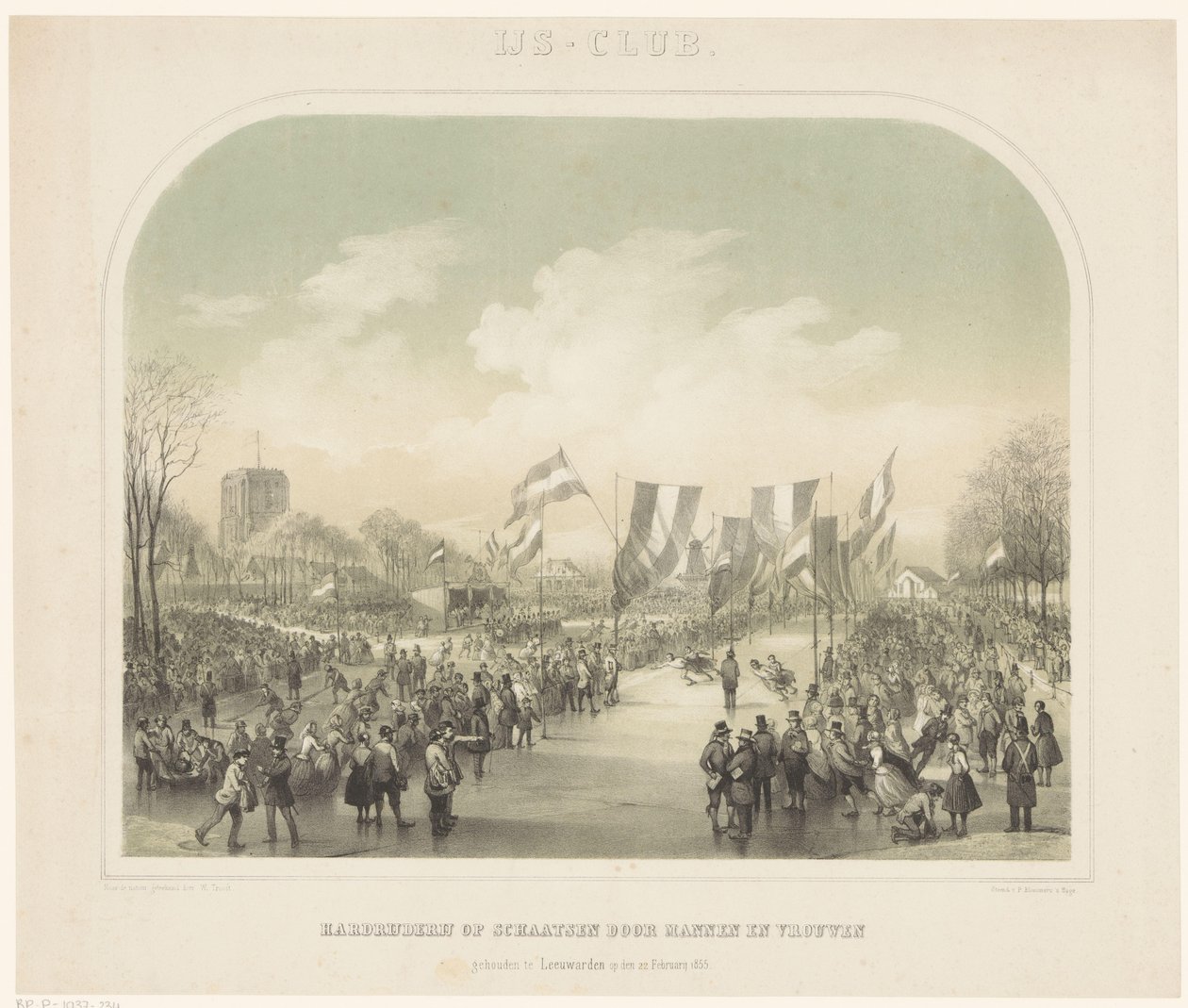 Skridskotävling Isklubb/skridskolopp som hölls av män och kvinnor i Leeuwarden den 22 februari 1855 (titel på objekt) av Willem Troost (II)