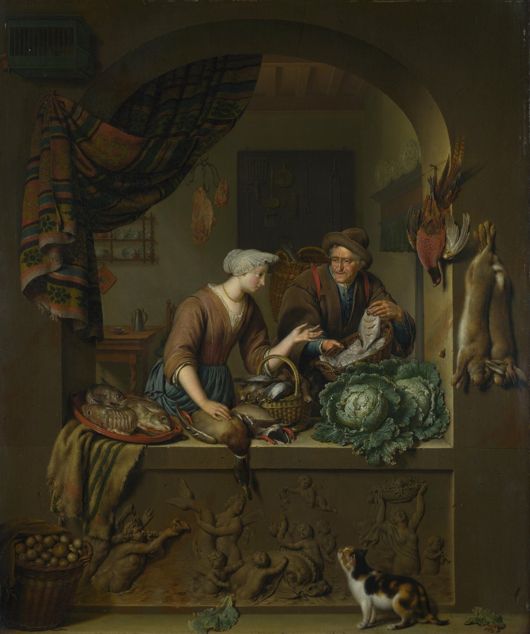 En kvinna och en fiskhandlare i ett kök, 1713 av Willem Van Mieris