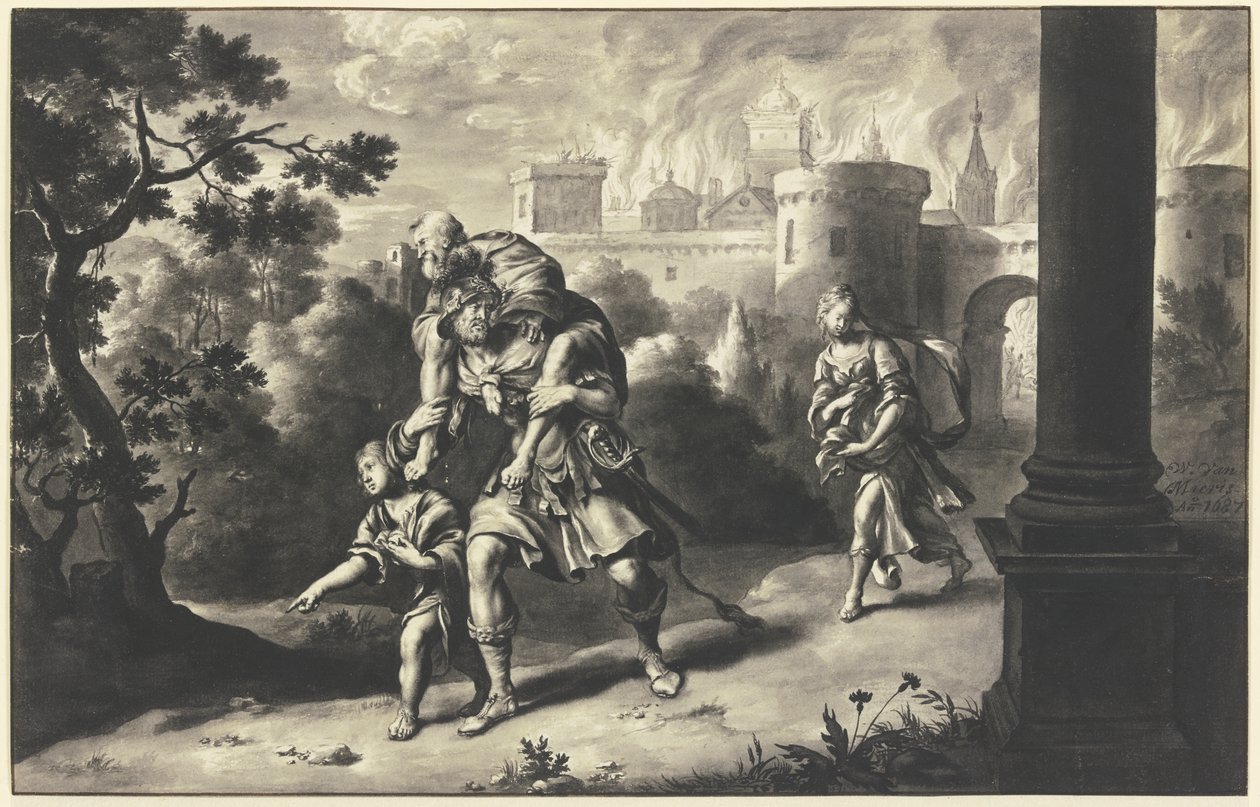 Aeneas räddar Anchises från det brinnande Troja av Willem Van Mieris